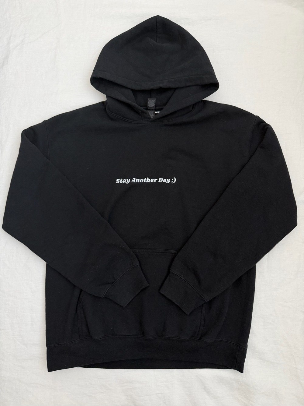 Gildan Black Hoodie with "Stay Another Day ;)" Script Unisex